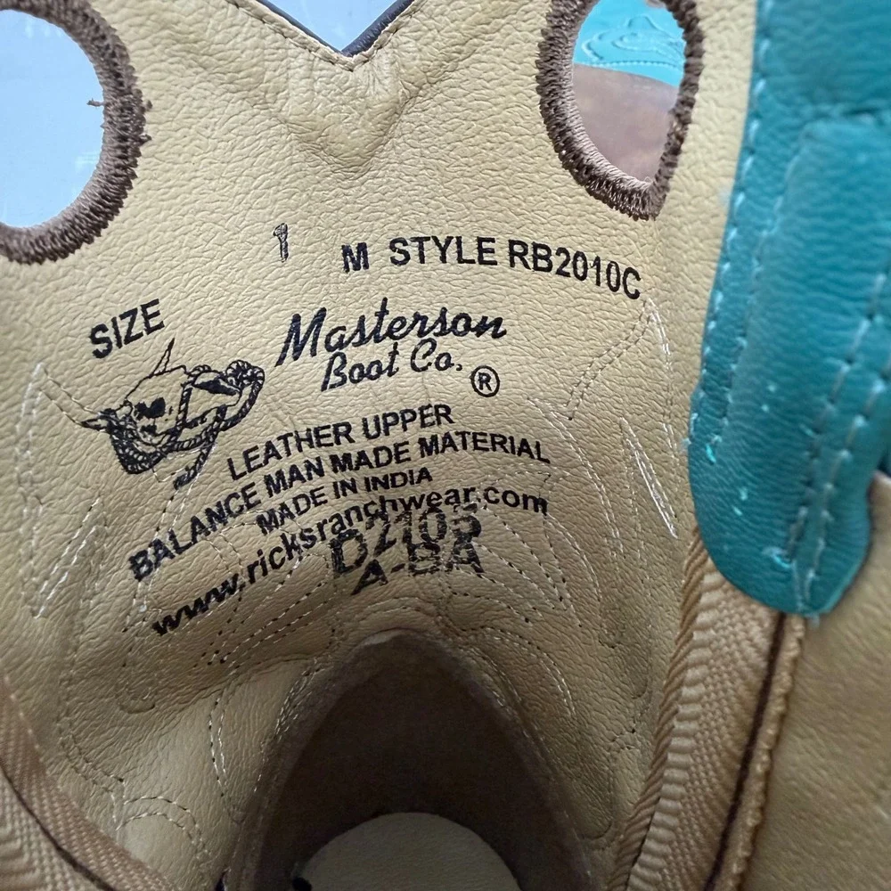 Masterson Boot Co Western Boots Kids 1M Brown Teal Good Leather Square Toe